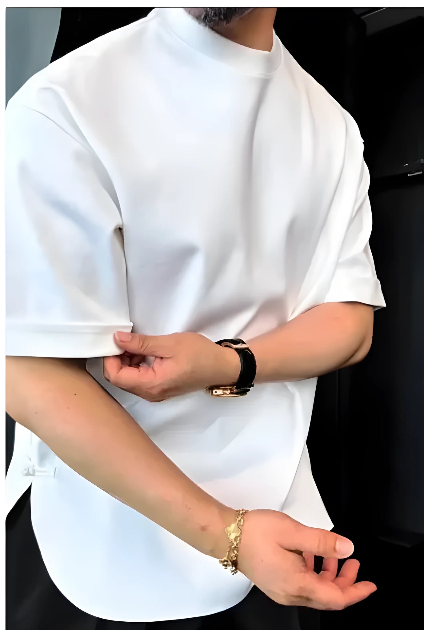 Men's white round hem t-shirt with a buttoned placket, made from cotton-blend jersey fabric