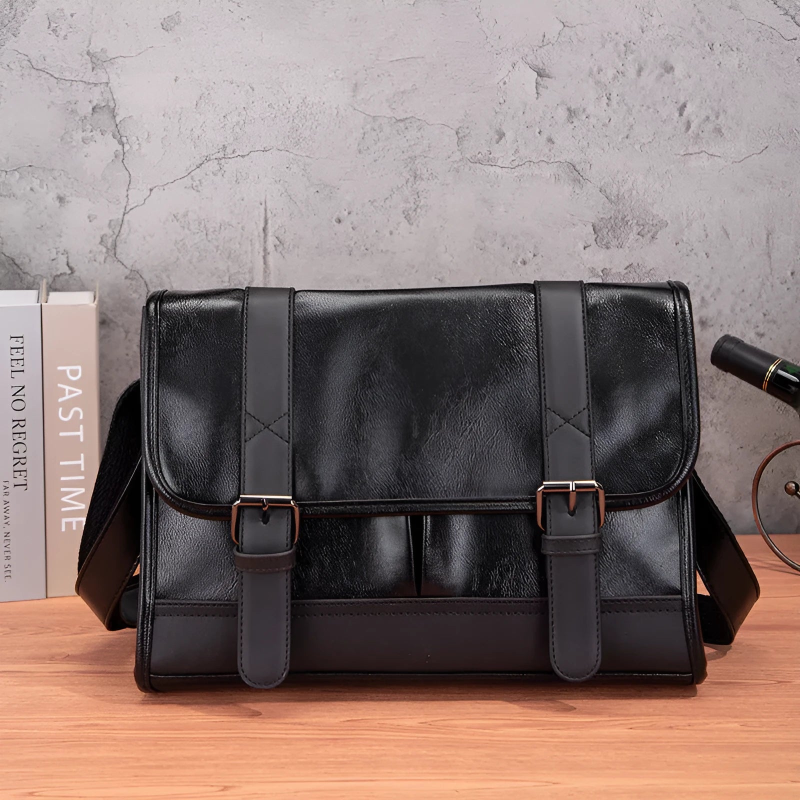 Black Korean style men's backpack with anti-theft function and pu construction