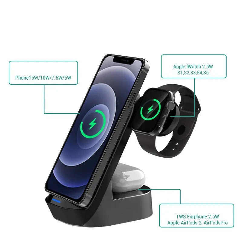 Black grey foldable 3-in-1 wireless charging vertical stand for phone watch and earbuds