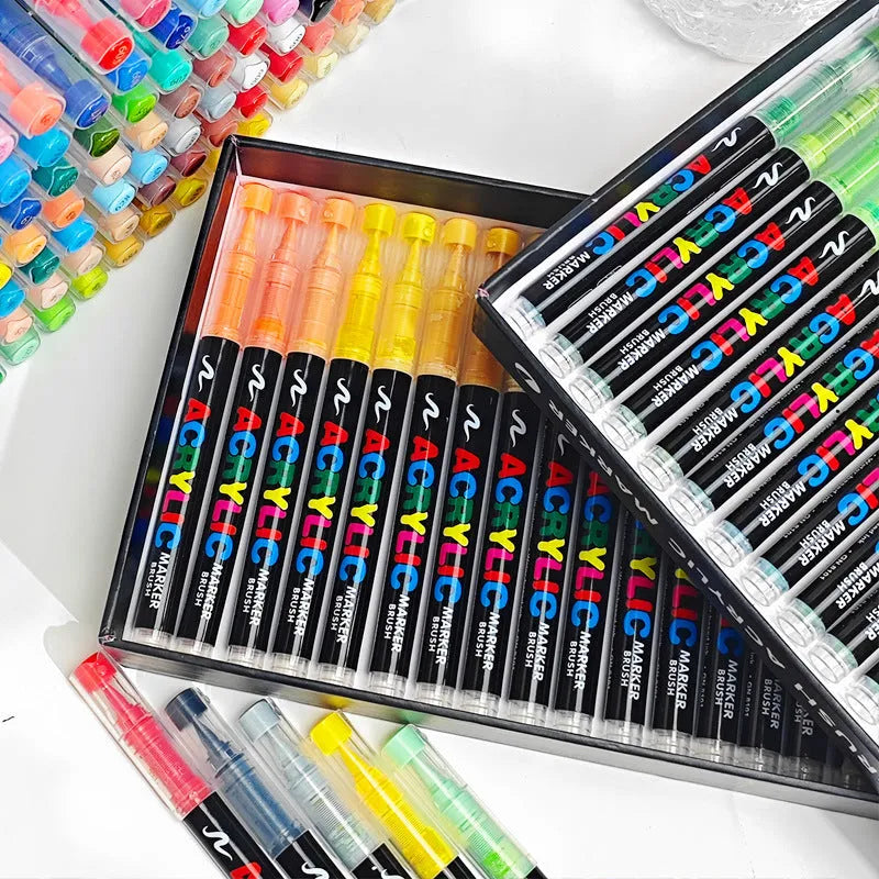 Set of straight liquid acrylic paint marker pens with soft brush tips in multiple colours