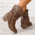 Retro tassel boots winter thick square heel mid-calf knight western woman dark brown faux leather