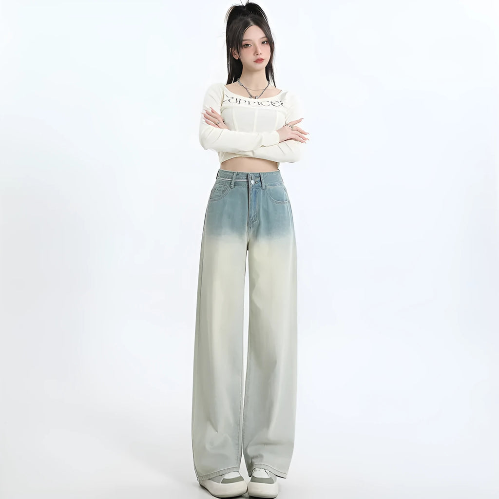 Women's gradient blue cotton denim wide-leg straight trousers on a hanger.