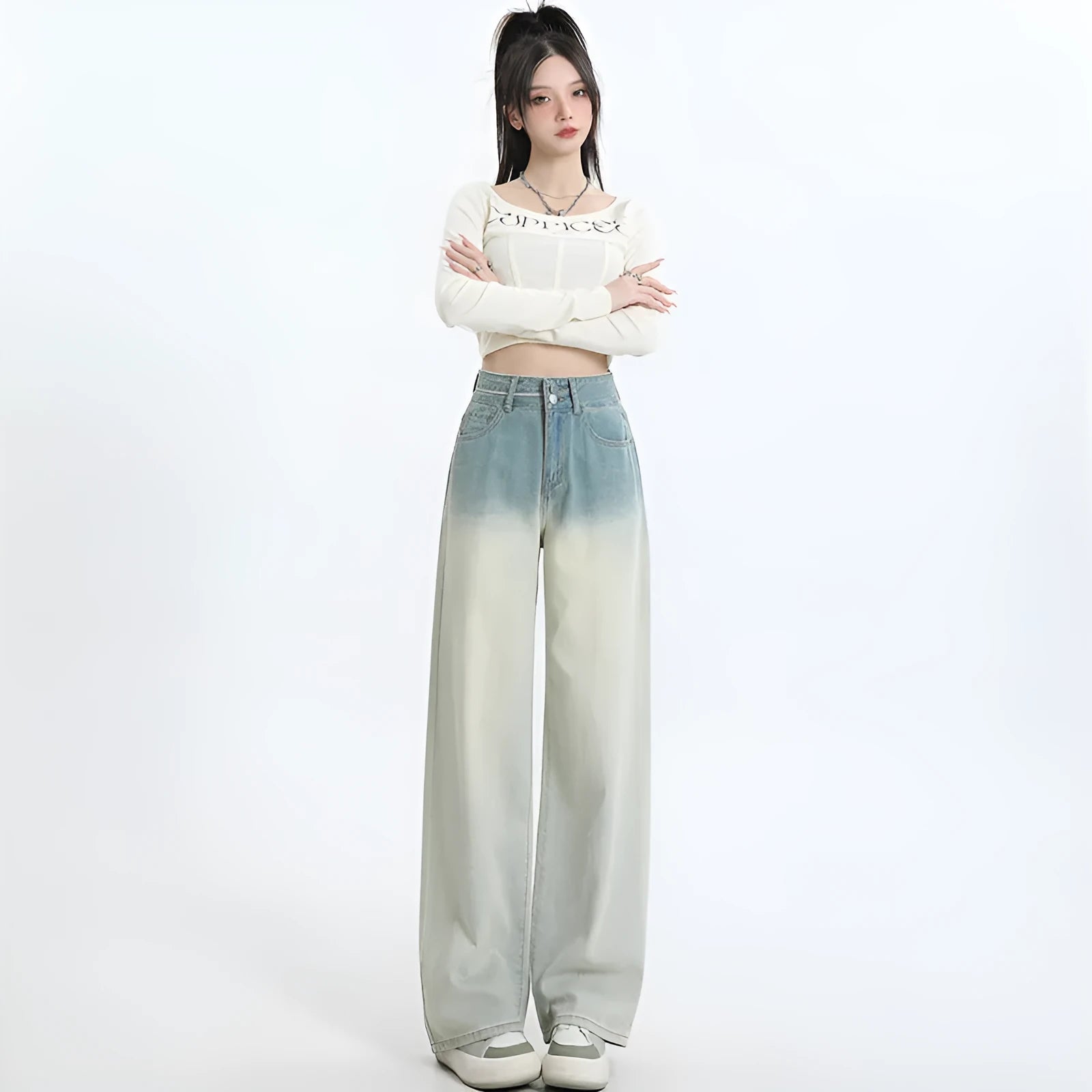 Women's gradient blue cotton denim wide-leg straight trousers on a hanger.