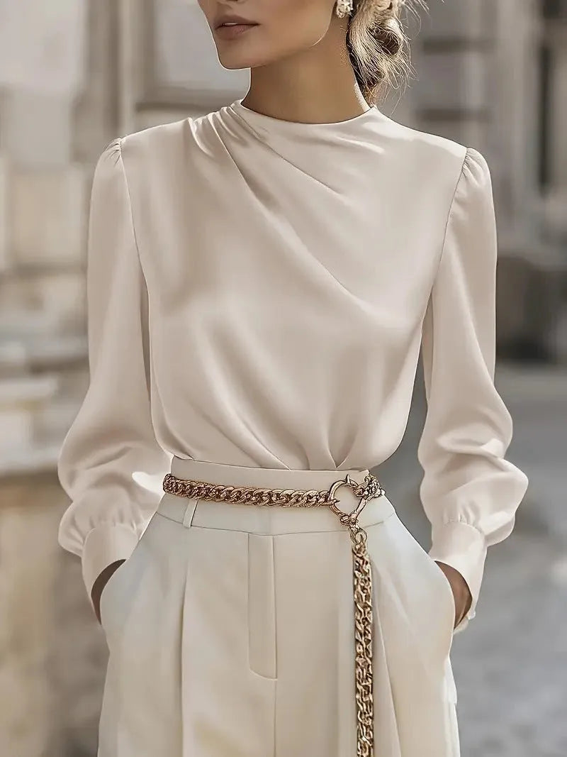 Women's pleated high-neck long sleeve lantern sleeve blouse in solid colour polyester, commuting style, black side view