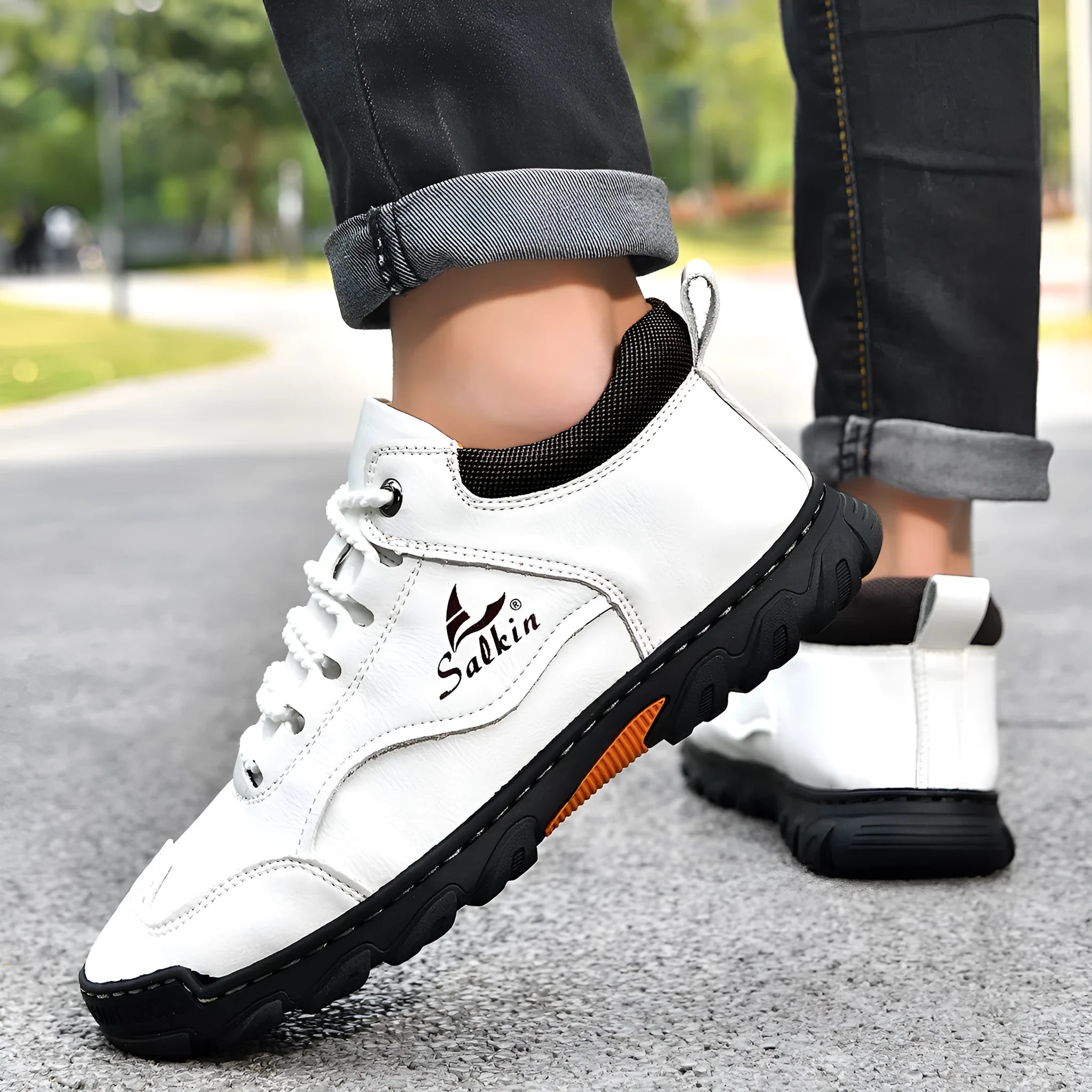 Flat lace-up casual hiking shoes with rubber sole, PU upper, round toe, flat heel
