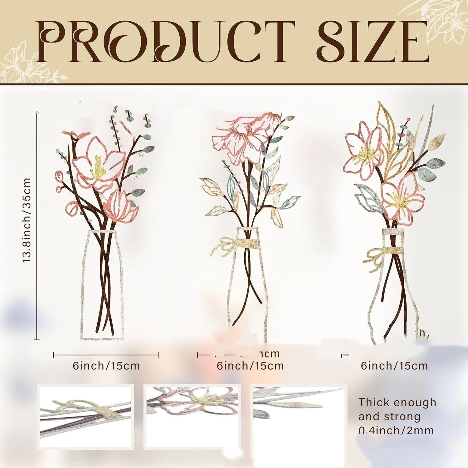 Set of three metal flower wall art decorations in modern style for country or farmhouse interiors.