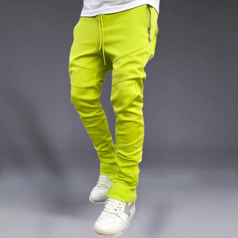 Men's Korean autumn ankle banded trousers in black, super stretch polyester, slim fit with elasticated cuffs