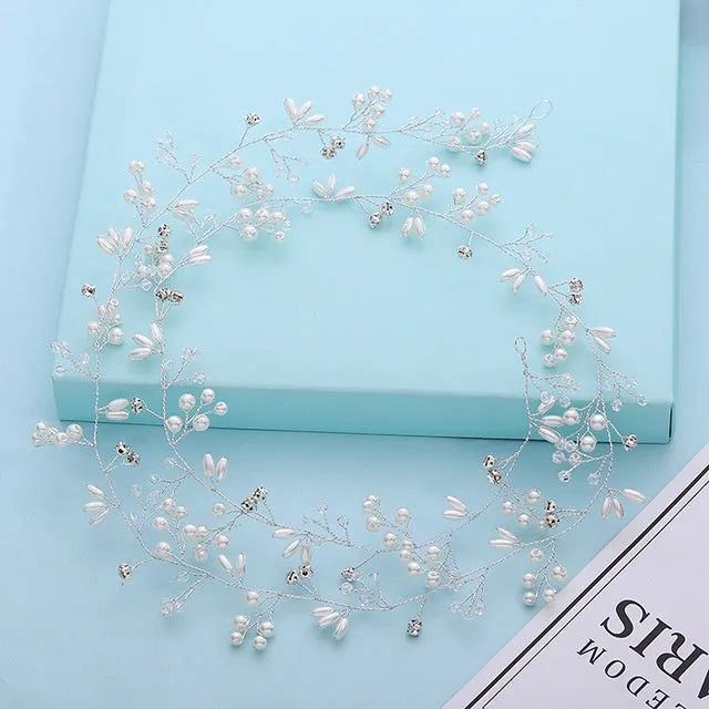 Bride's long hair band with crystal and pearl decoration in gold, silver, or rose gold colour options.