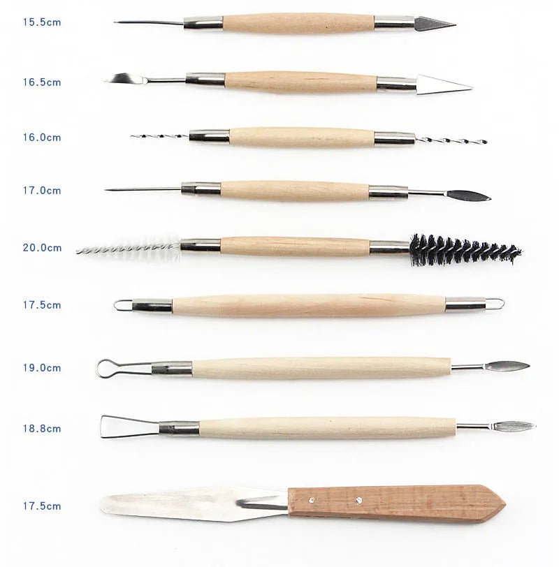 Brown OPP bag containing 27-piece pottery tool set with stainless steel, wood, and plastic sculpting implements.