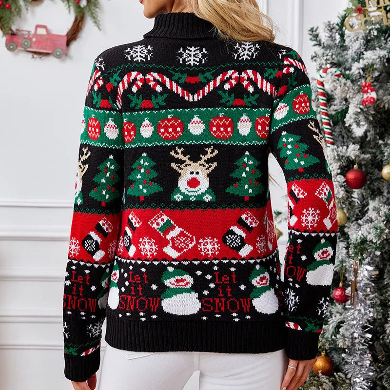 Women's long-sleeved slim-fit turtleneck sweater in black Christmas colour with animal pattern and contrast detail