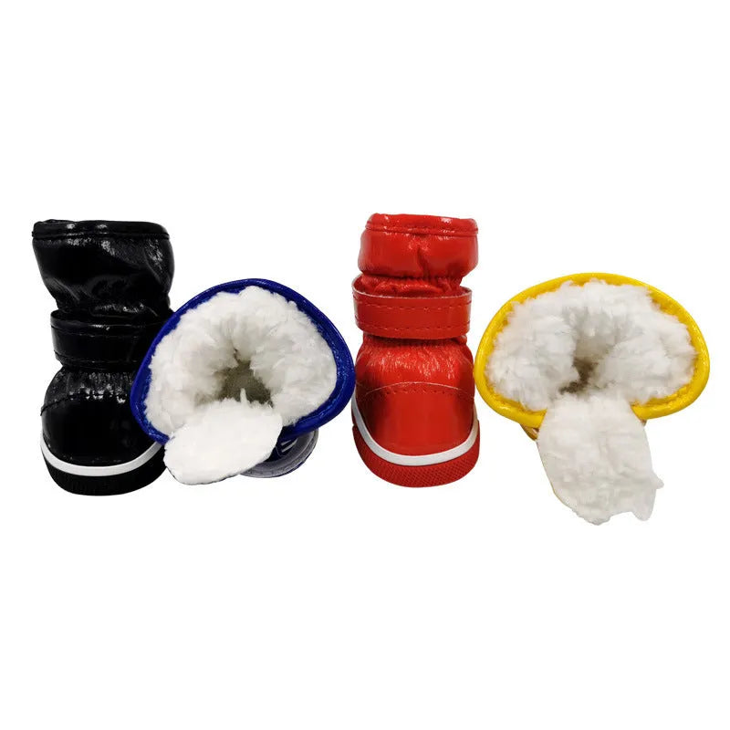 Dog cotton ski boots in four colours on a dog's paws for winter walking
