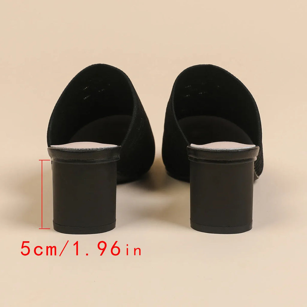 Women's black pointed toe sandals with fabric upper, toe cap, and chunky 5cm block heel