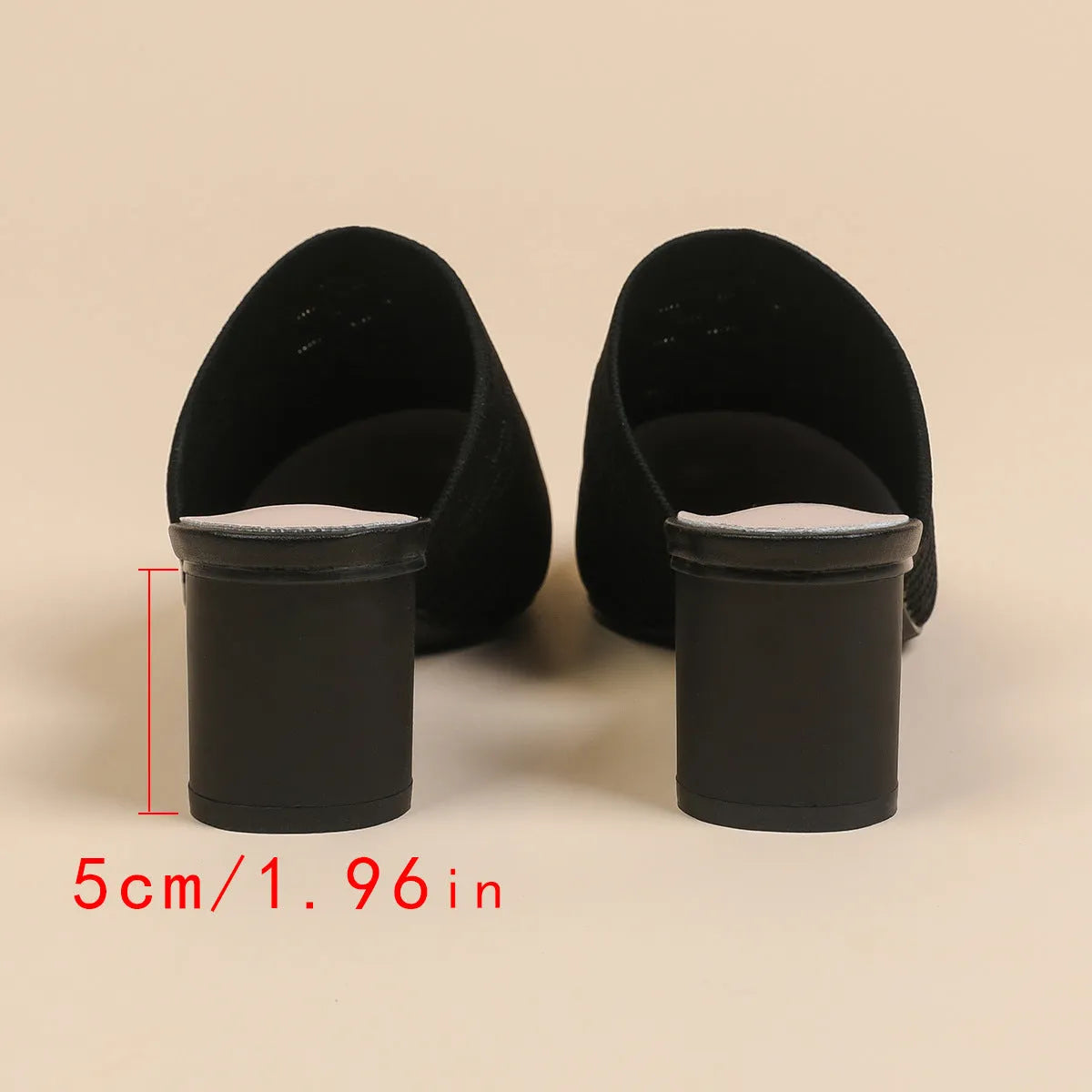 Women's black pointed toe sandals with fabric upper, toe cap, and chunky 5cm block heel