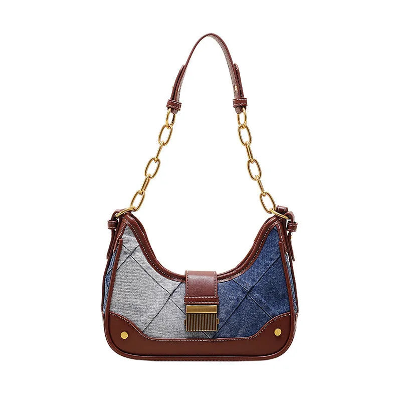 Brown denim women's bucket shoulder bag with diamond mesh patterns and chain details