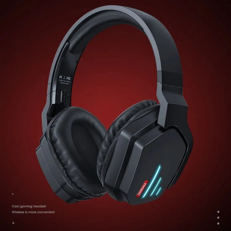 Luminous black wireless headphones with head-mounted design showing ear cushions and adjustable headband