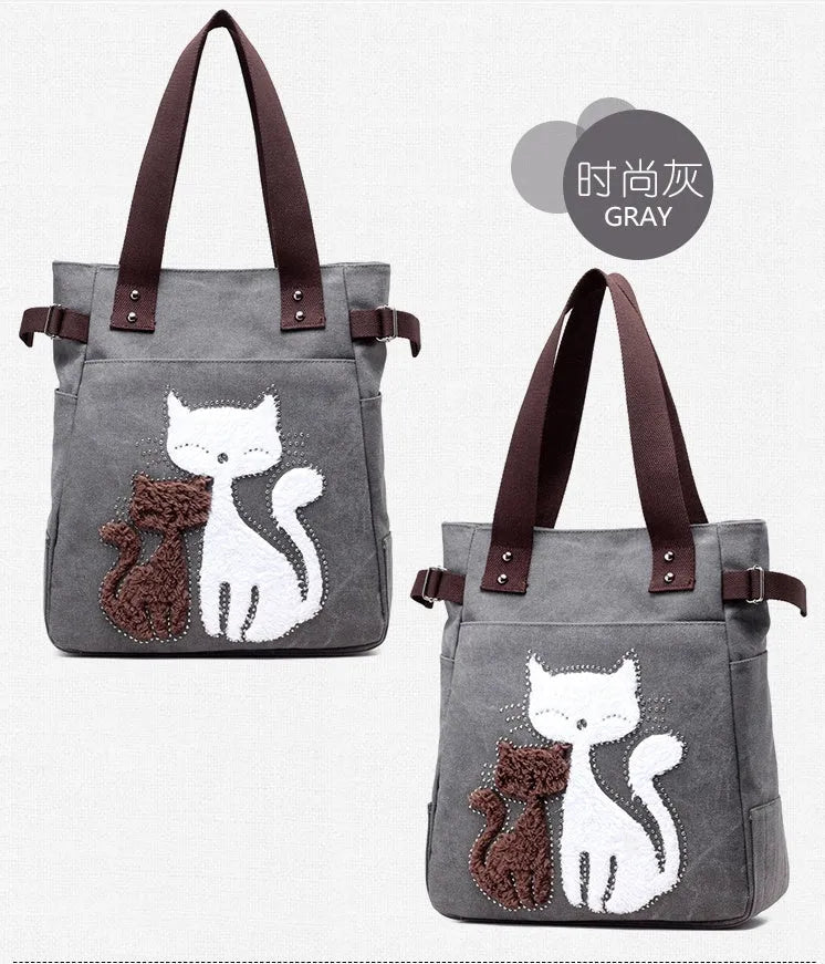 KVKY women canvas shoulder bag with cute plush cat applique in beige colour on white background
