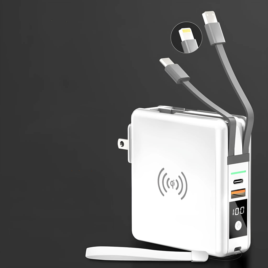 Super QI wireless power bank with built-in folding plug, shown in black and white.