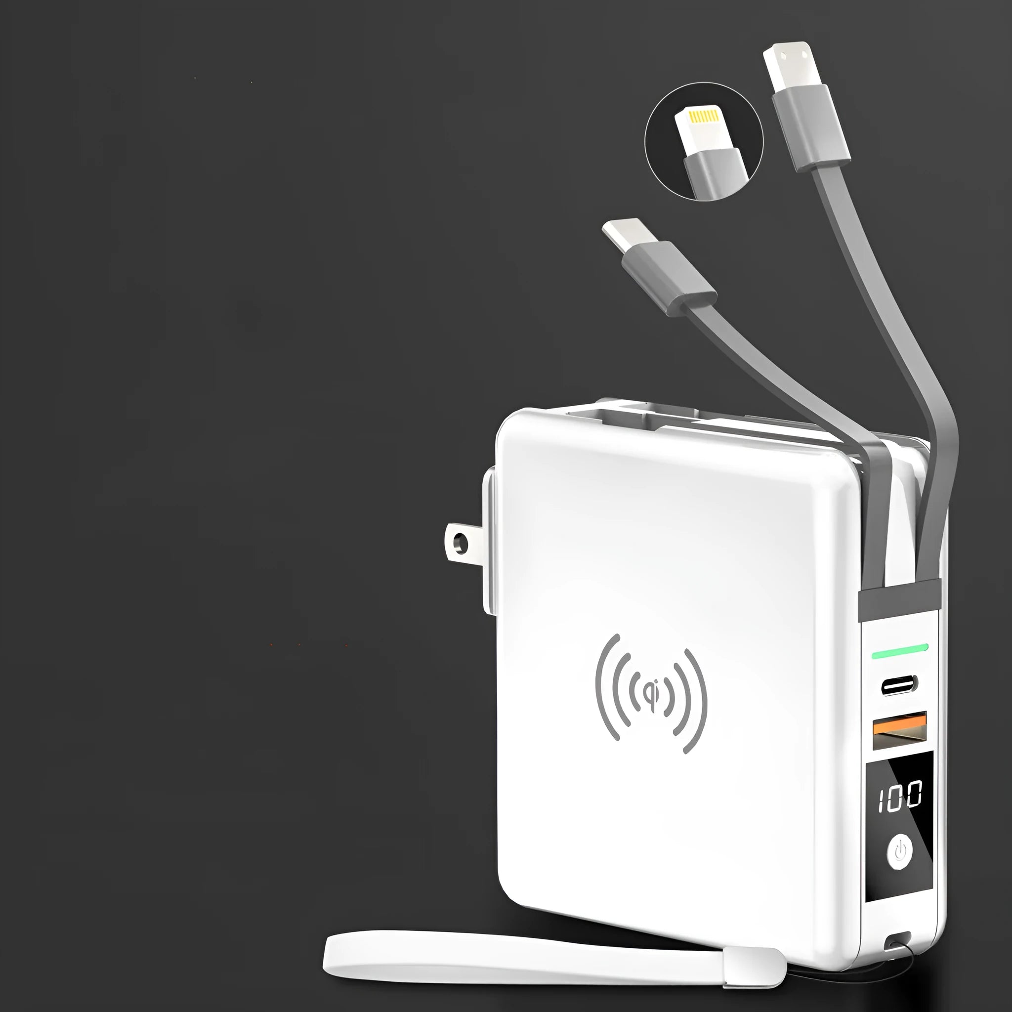 Super QI wireless power bank with built-in folding plug, shown in black and white.