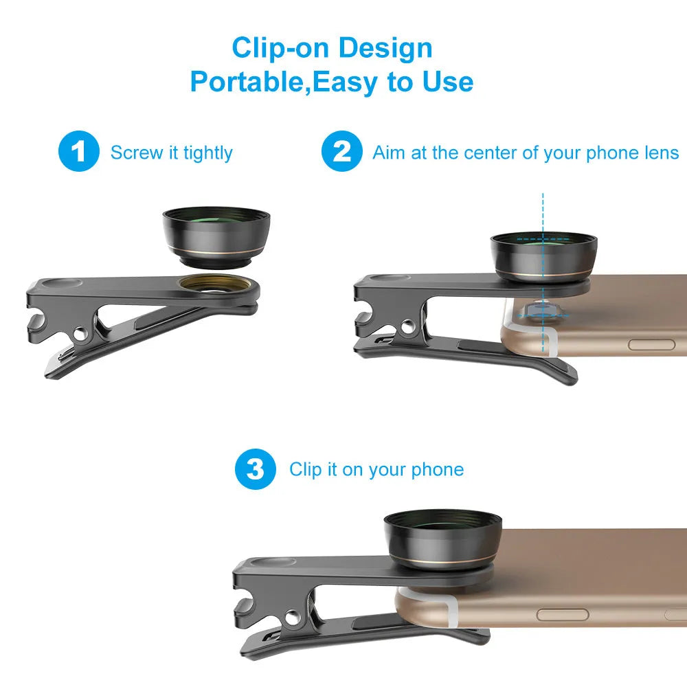 Black 6-in-1 smartphone camera lens kit with fisheye, wide angle, macro, telephoto lenses and universal mounting clip