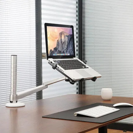 OA-1 aluminium alloy height adjustable computer stand with laptop in place showing 360-degree rotation arm