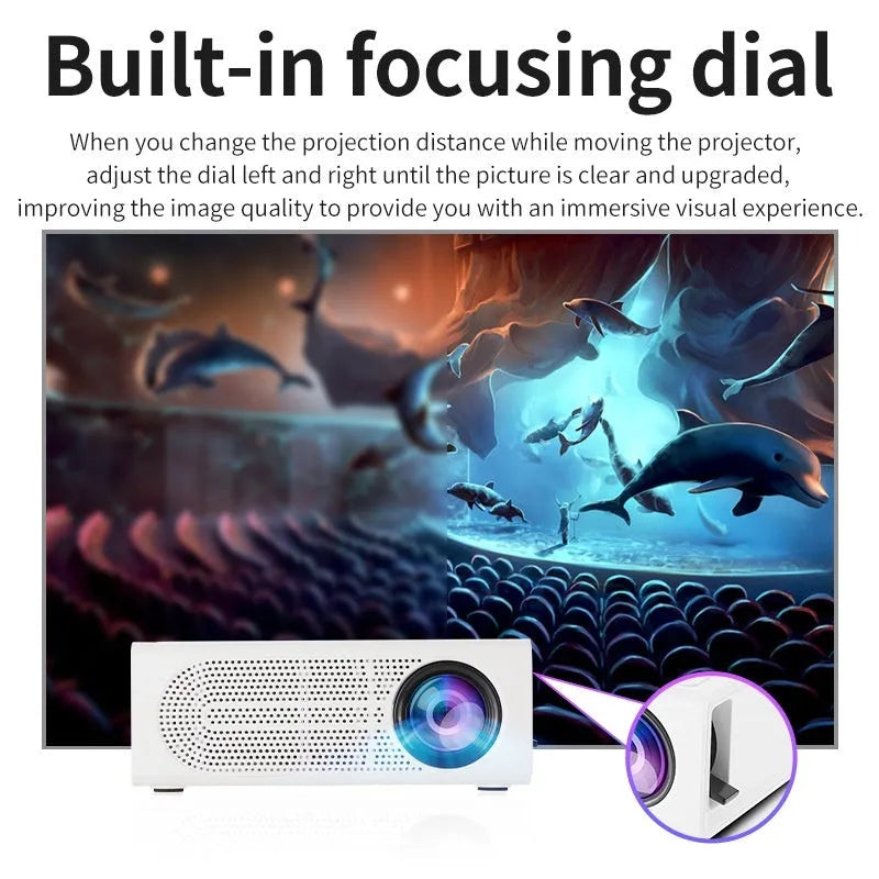 Black portable mini projector with wired mobile phone connection and international power plugs