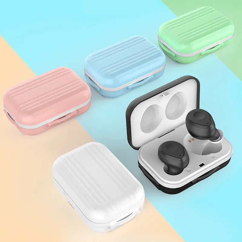 Macaron wireless sports headphones in pink with charging case, showing in-ear design and Bluetooth pairing