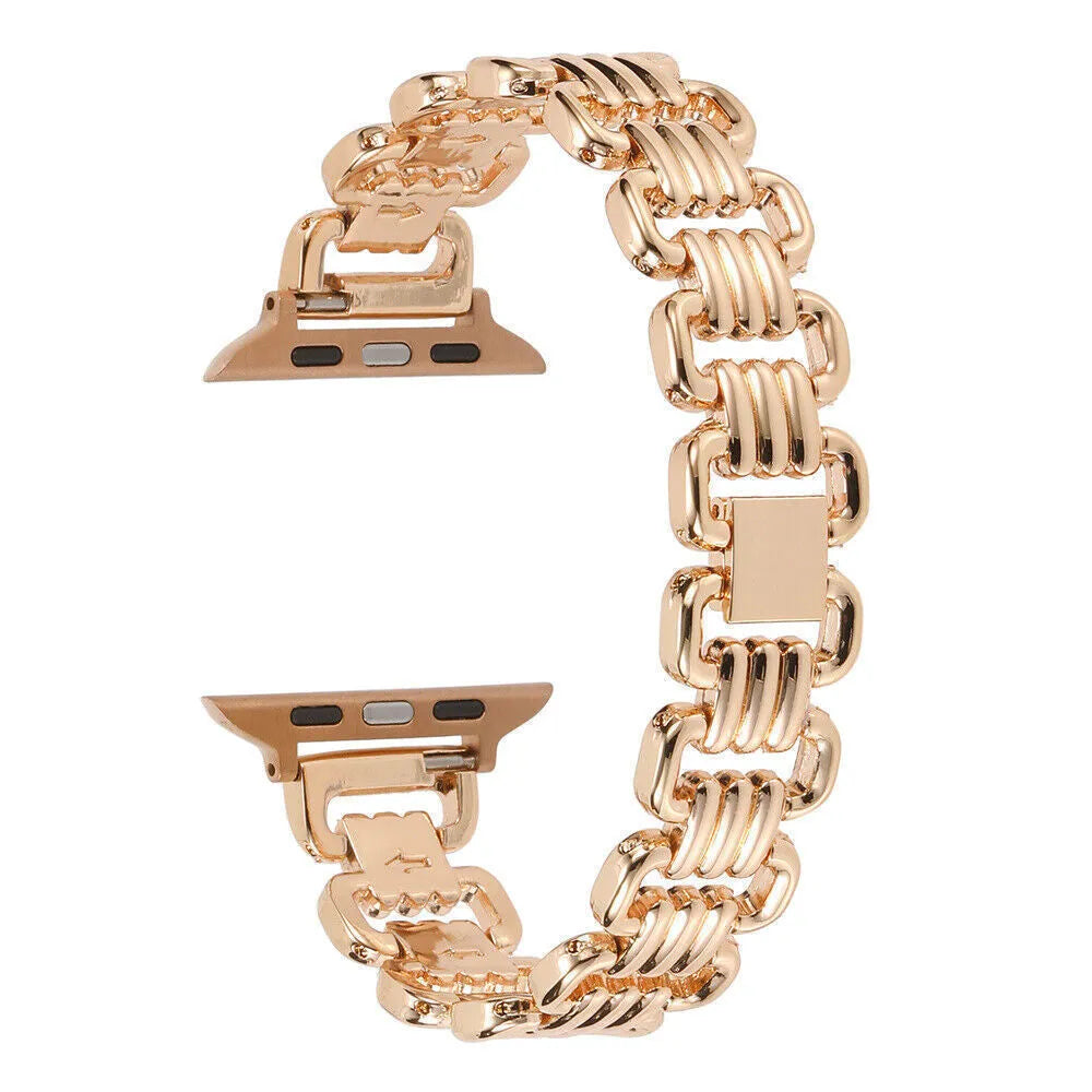 Alloy metal Apple Watch replacement band in silver, black, gold, rose gold, and starlight colours with adjustable clasp.