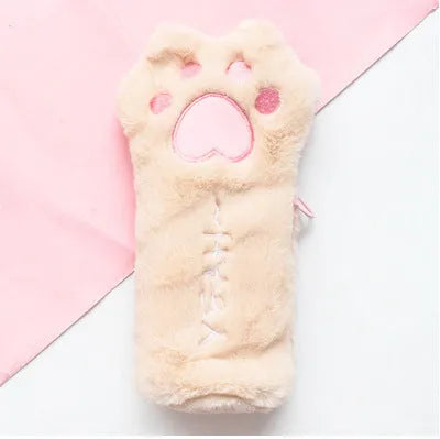 Cute plush cat paw bag Korean style in soft plush fabric, 23cm by 12.5cm, available in beige brown grey pink