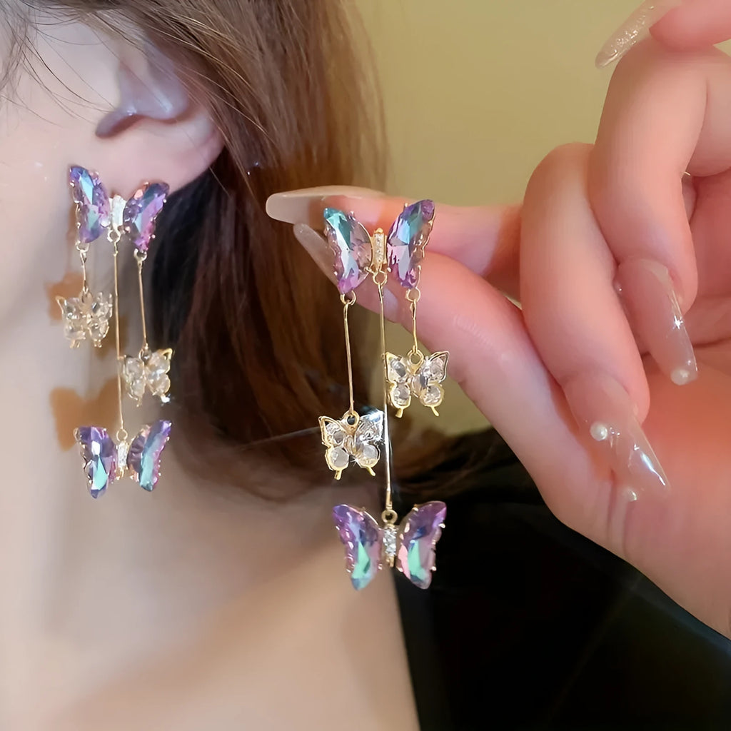 Blue purple butterfly tassel earrings with silver needle crystal flowers, approximately 8 cm drop length
