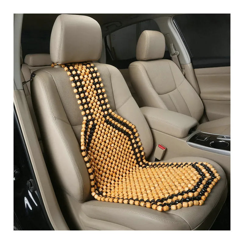 Beige and black car seat cushions with breathable mesh fabric and elastic strap fastening