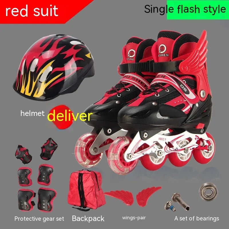 Children's adjustable roller skates with aluminium frame and PU foam wheels in various colours, shown with protective gear and backpack