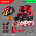 Children's adjustable roller skates with aluminium frame and PU foam wheels in various colours, shown with protective gear and backpack