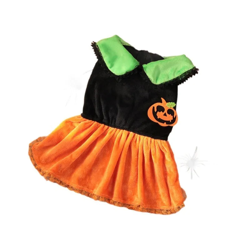 Halloween pumpkin pet costume for dogs and cats in crystal velvet material with sizing options