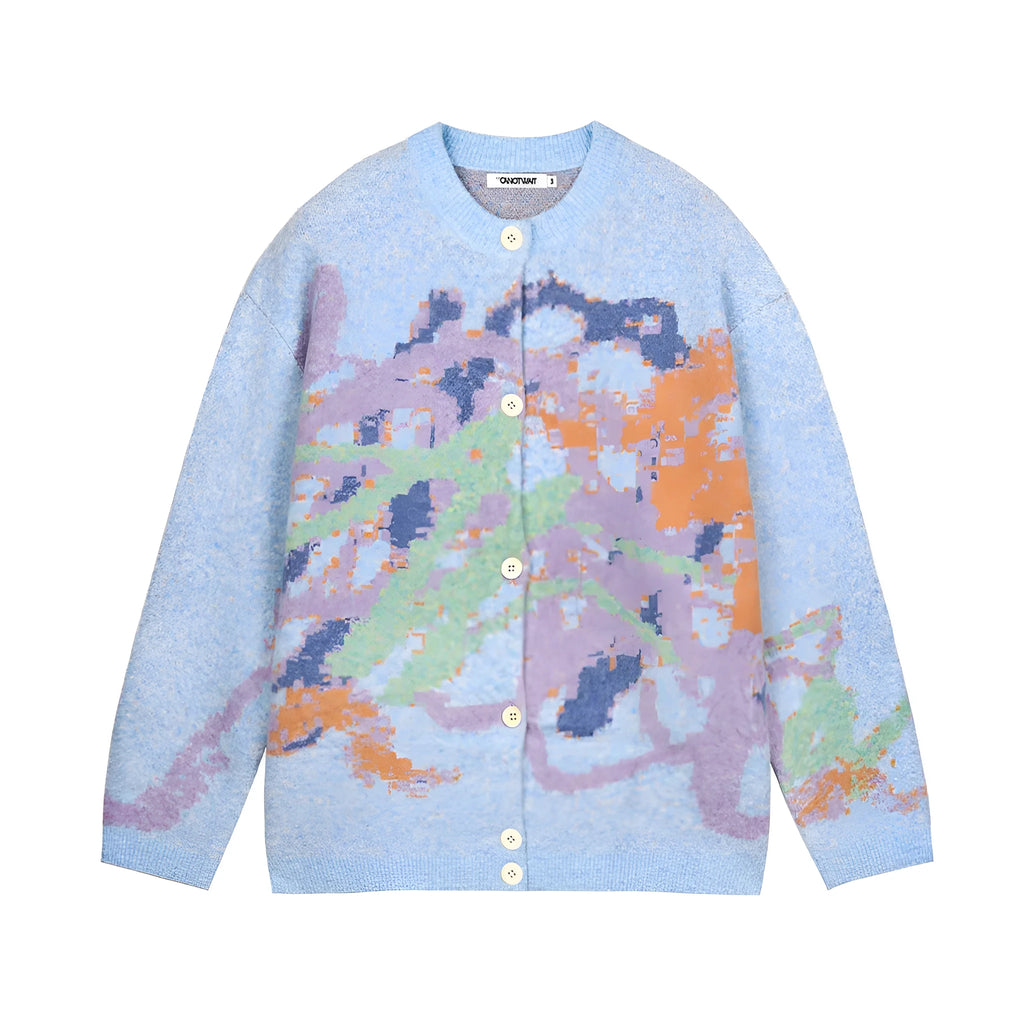 Men's cotton blend graffiti colourful round neck sweater long sleeve loose fit sky blue beige cardigan