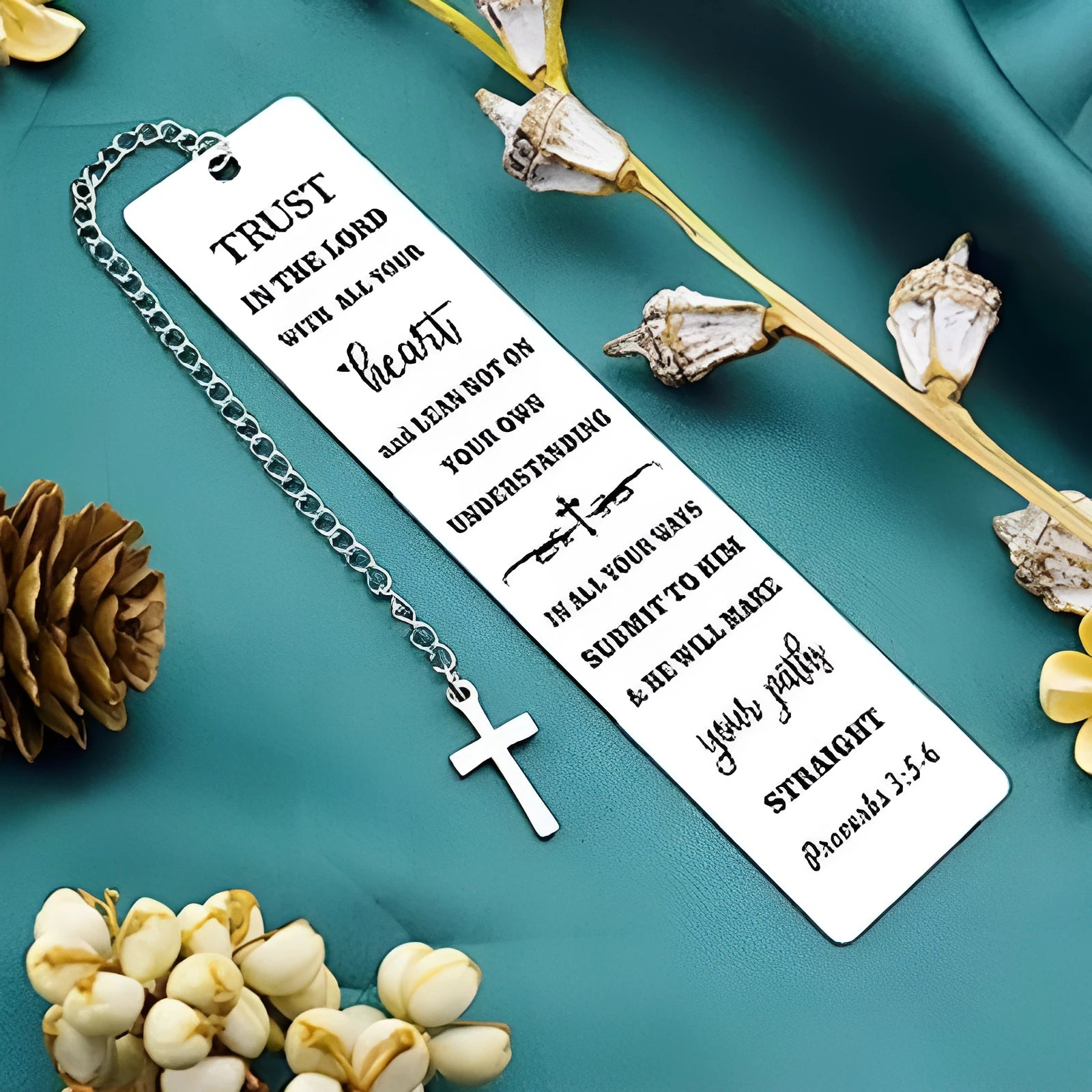 Stainless steel Christian bookmark with cross design in CFS5170 colour for Bible reading.