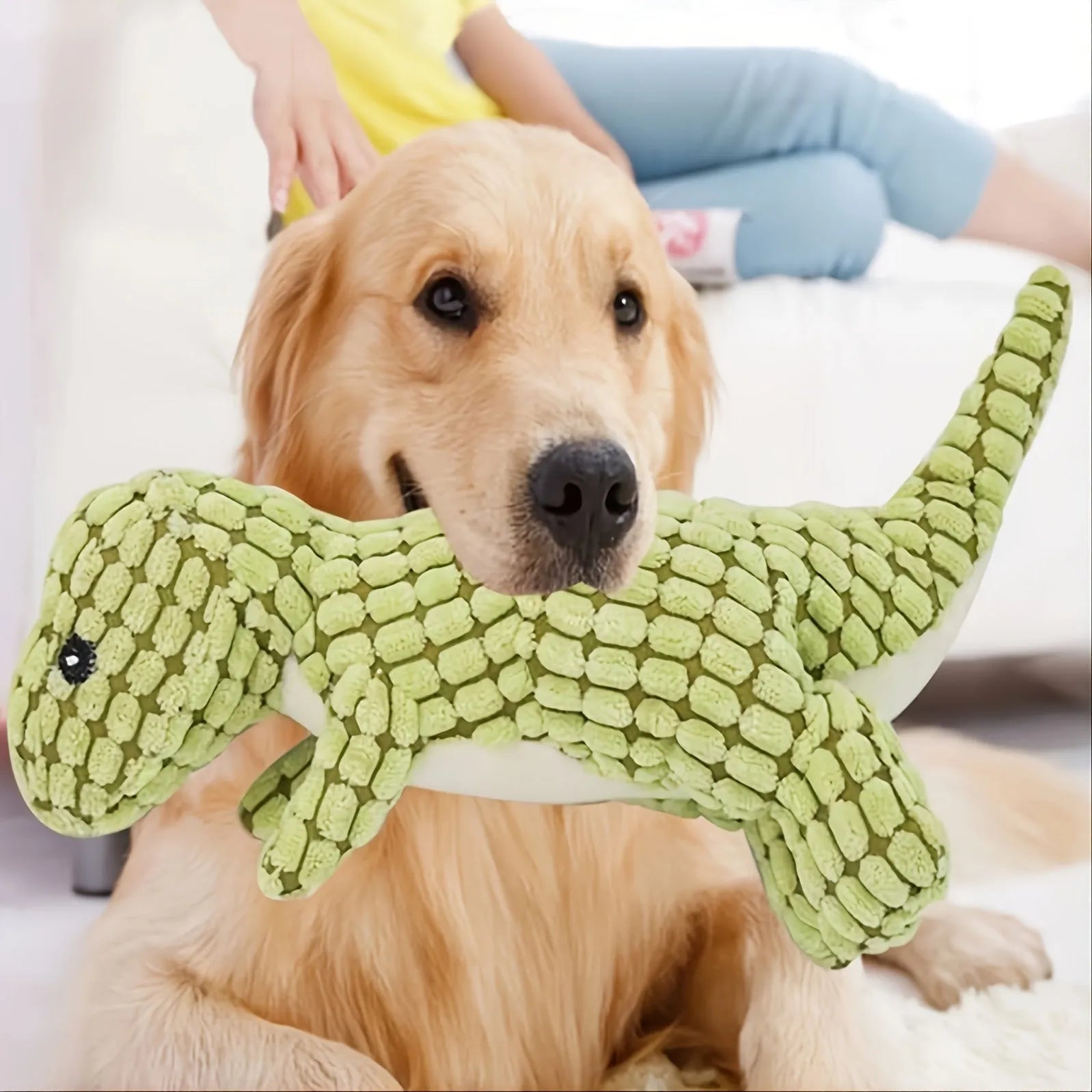 Grey, green, or orange durable squeaking chew toy for dogs resistant to bites.