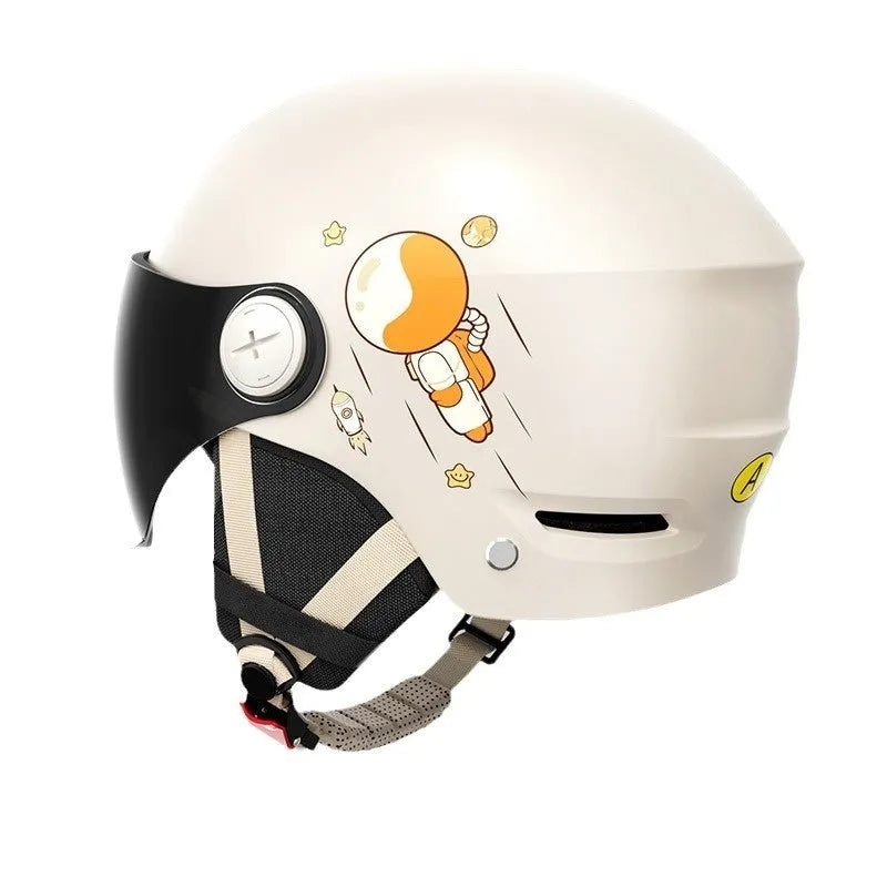 Khaki electric motorcycle half helmet with long visor showing ABS construction and free size fit
