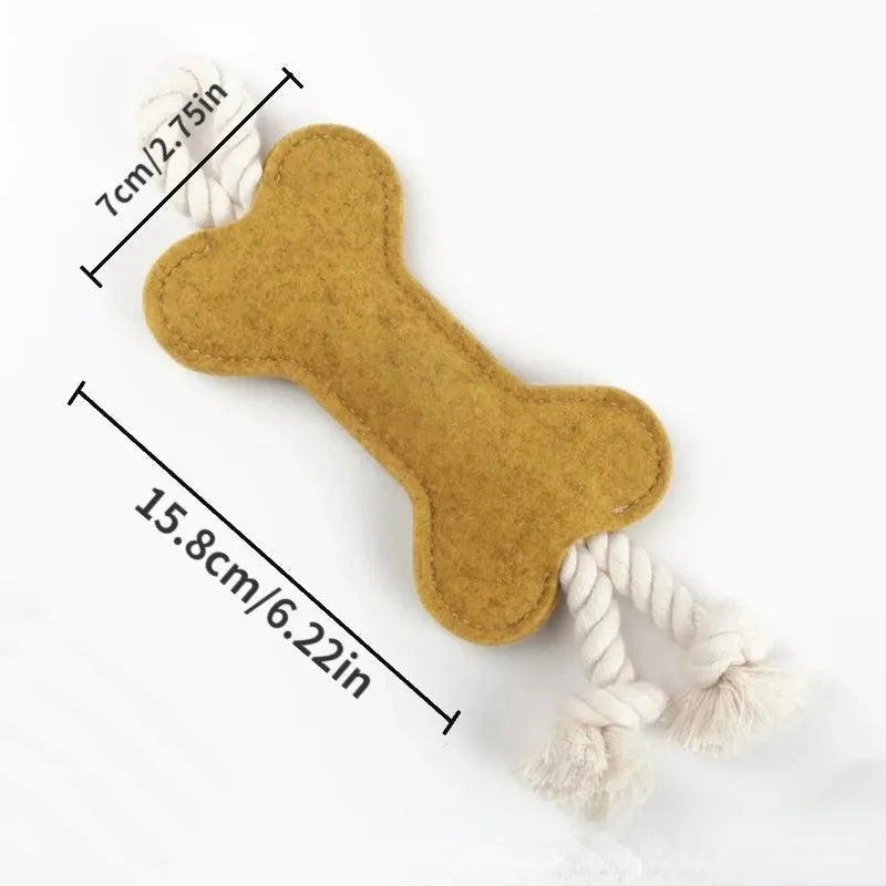 Durable bone-shaped dog rope chew toy with felt cover in four colour options