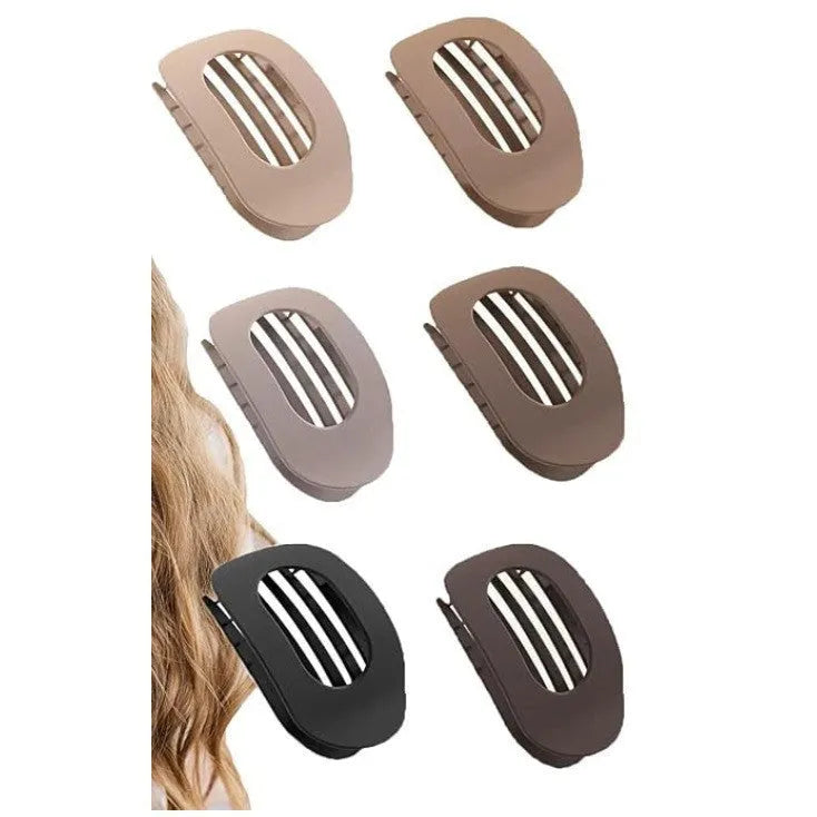 Six rose red plastic hair clips with quadrilateral shape and frosted surface on white background