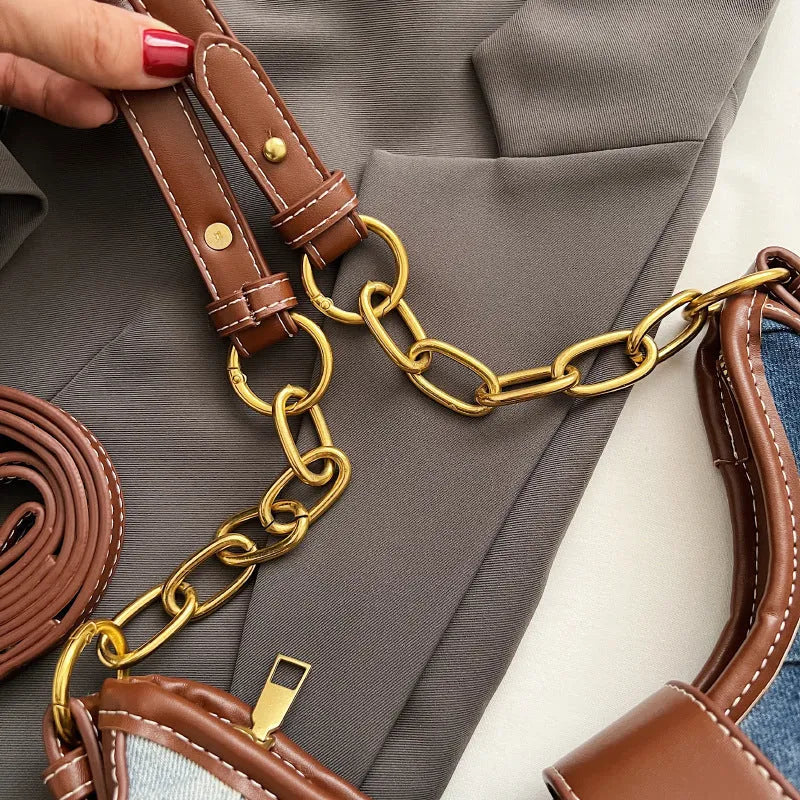 Brown denim women's bucket shoulder bag with diamond mesh patterns and chain details