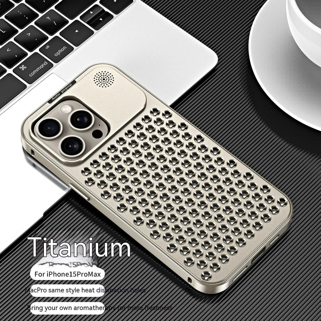 Aluminium alloy spring fastener king aromatherapy phone case for iPhone, frosted finish, magnetic anti-fall, black colour