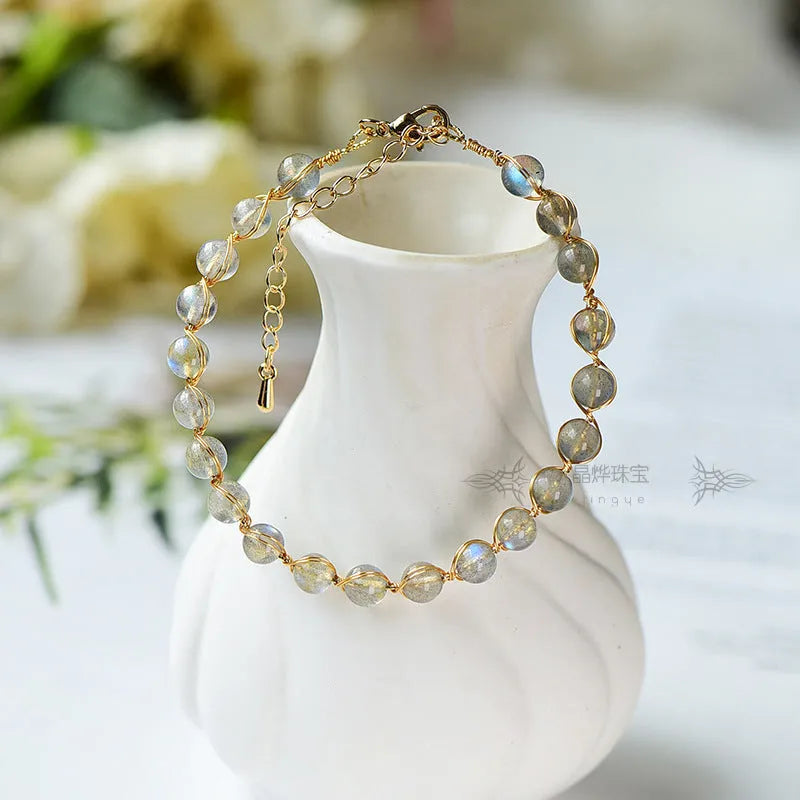 Women's bracelet with 6mm natural moonstone crystals and 14K gold-plated metal elements