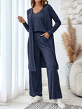 Blue women's three-piece casual suit with trousers, sling top, and long cardigan in Japanese Korean style