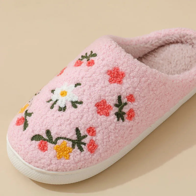 Women's warm cotton slippers with embroidered flower design in plum blossom colour