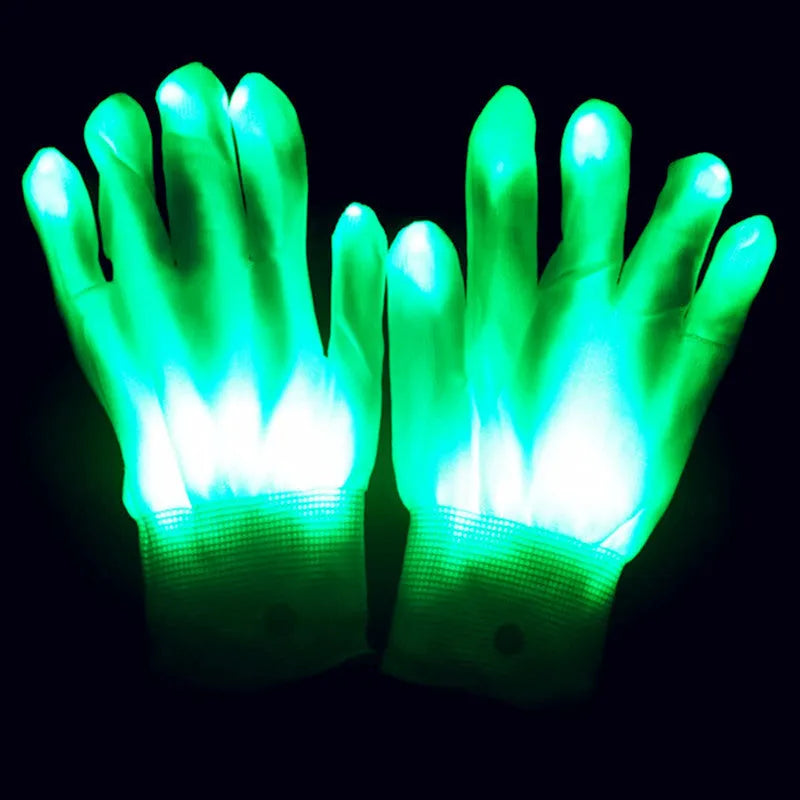 Light-up gloves for outdoor dance, LED lights on black background, shown in colourful light variant