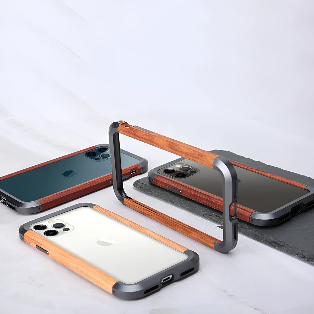 Brown wooden case frame for iPhone with metal border, natural wood finish