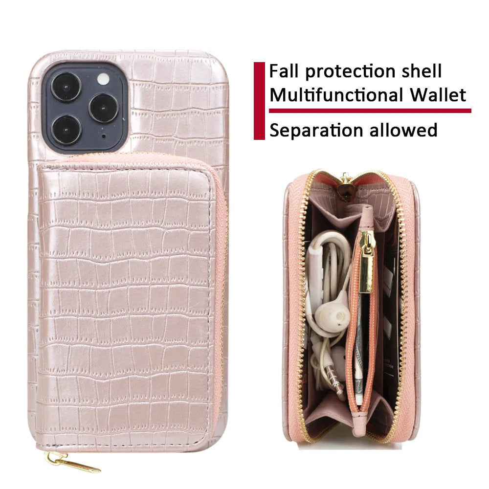 Two-in-one magnetic PU leather phone case in pink for iPhone 14, with wallet flap open showing card slots