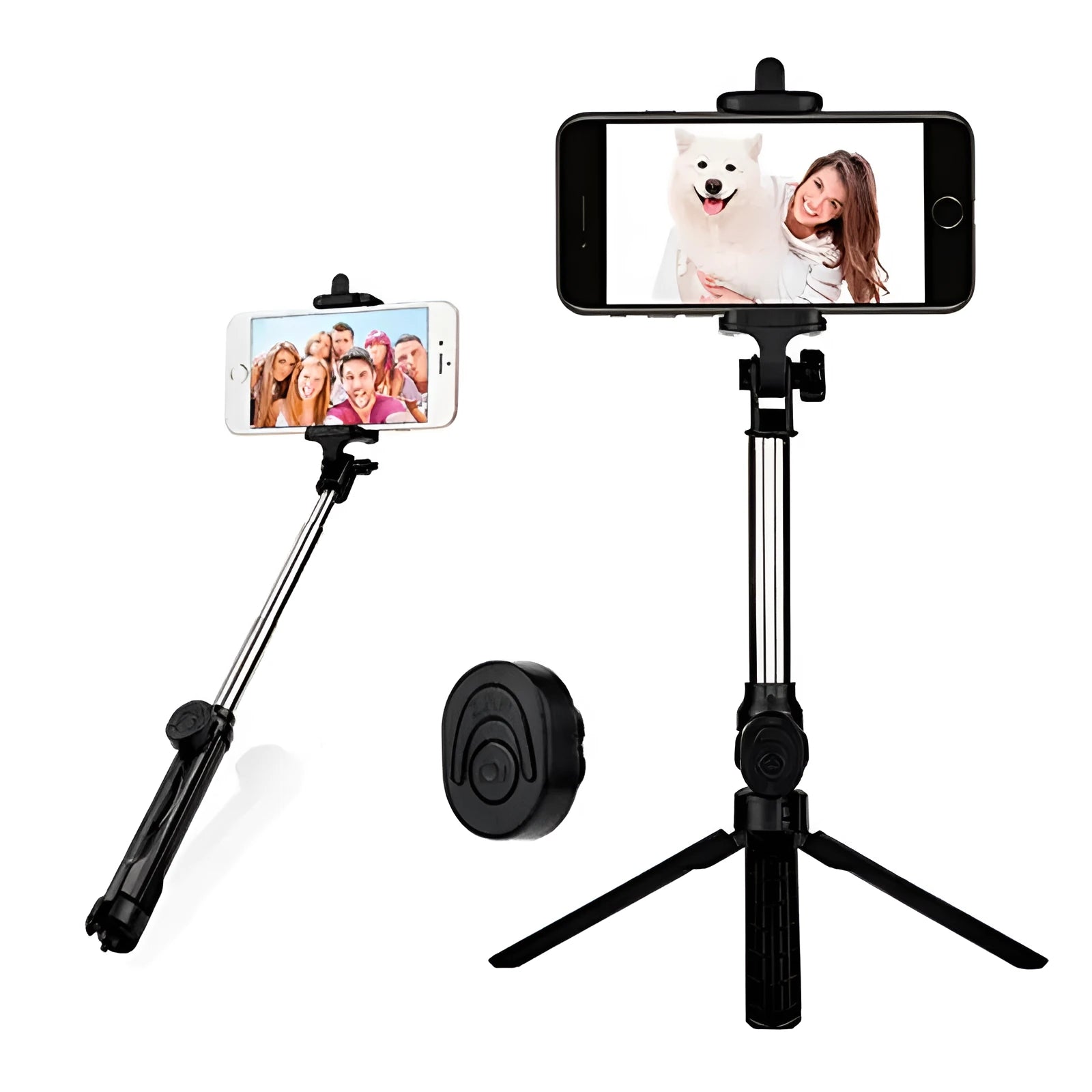 Black Bluetooth tripod selfie stand for iPhone with extended legs and rotating phone clip