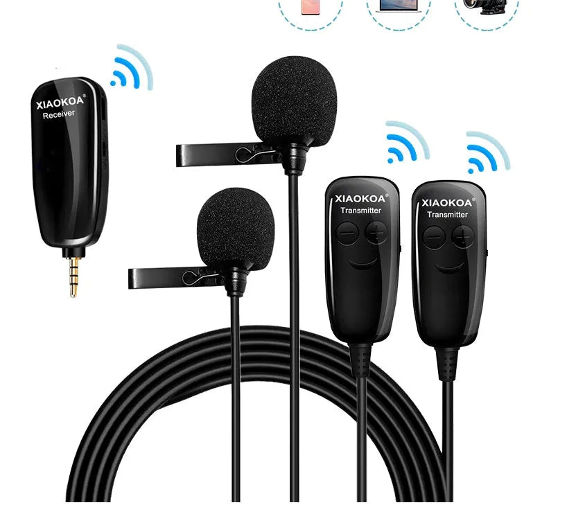 Black lavalier lapel microphone with 3.5mm plug for mobile phones on a clip.