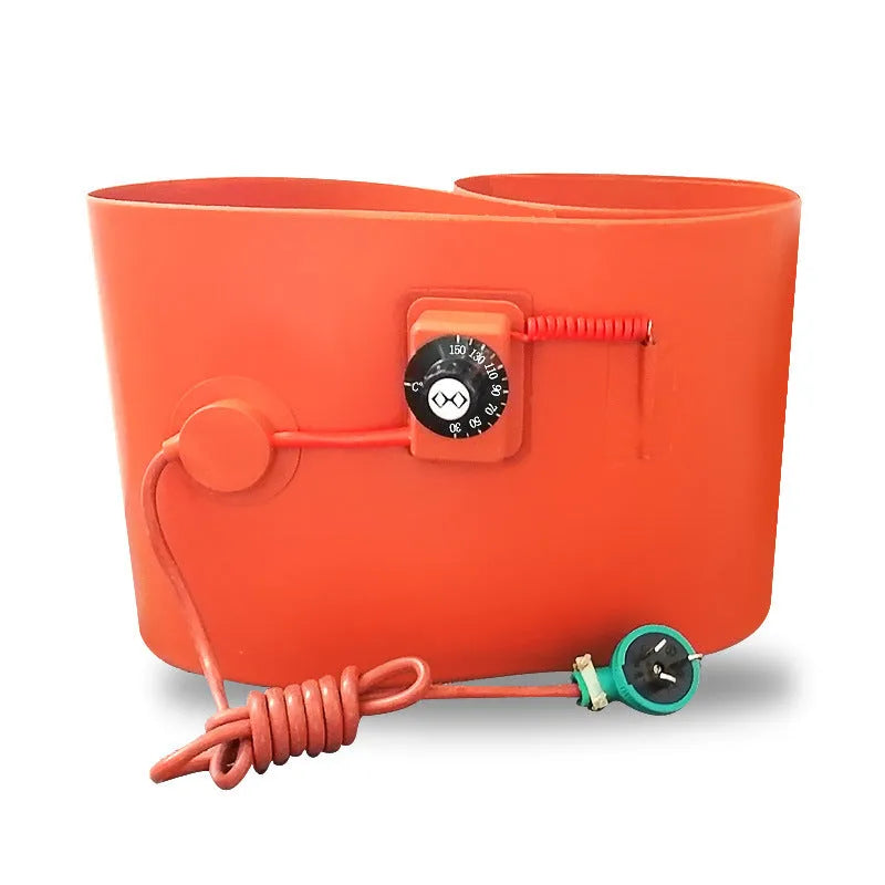 200-litre oil drum with wrapped silicone rubber heating belt and thermostat control